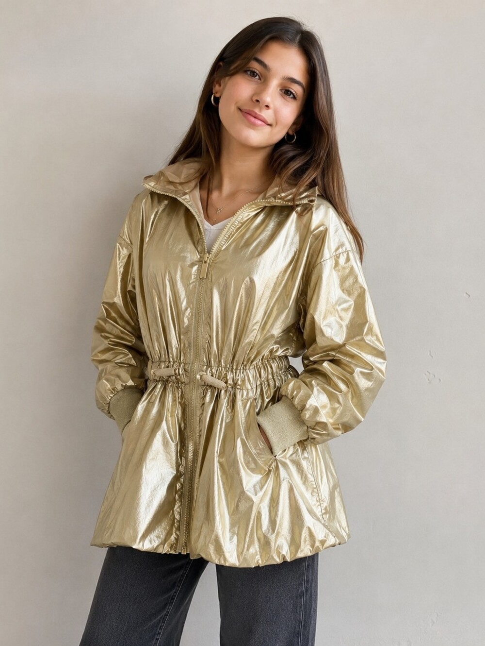 Habitual Girl  Metallic Gold Hooded Windbreaker Jacket